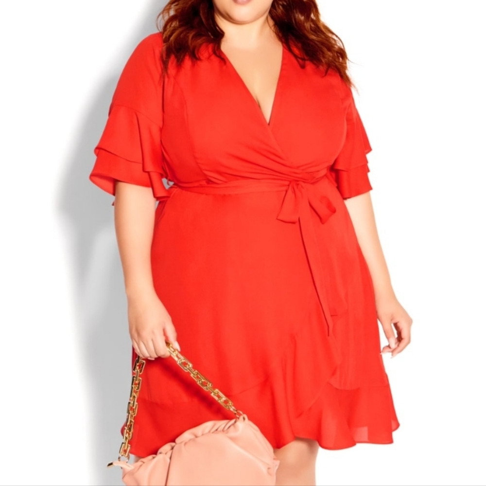 Plus Size Asymmetrical Wrap Dress in Bright Red